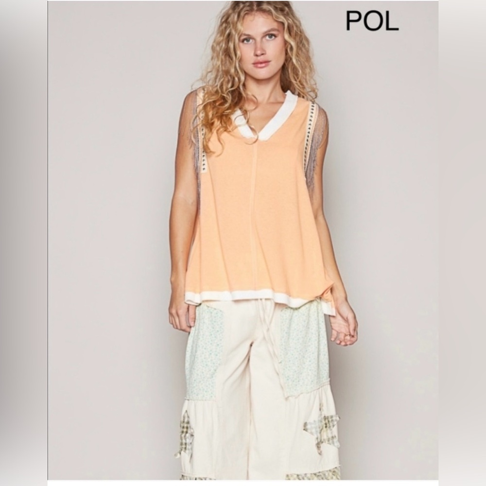 POL Orange/Peach Star Studded Beaded Trim Asymmetrical Sleeveless Tank Top